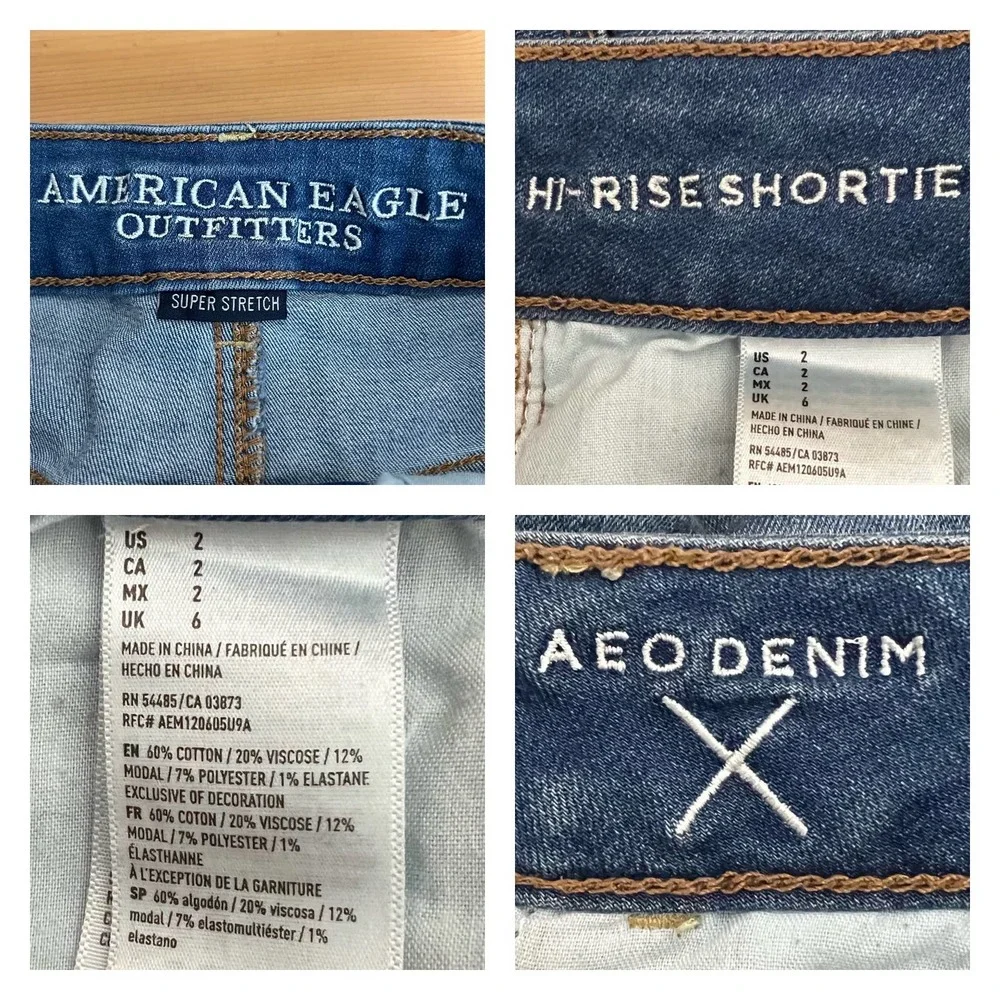 American Eagle Hi-Rise Shortie Size 2 Medium Wash Jean Shorts Super Stretch - Picture 3 of 6